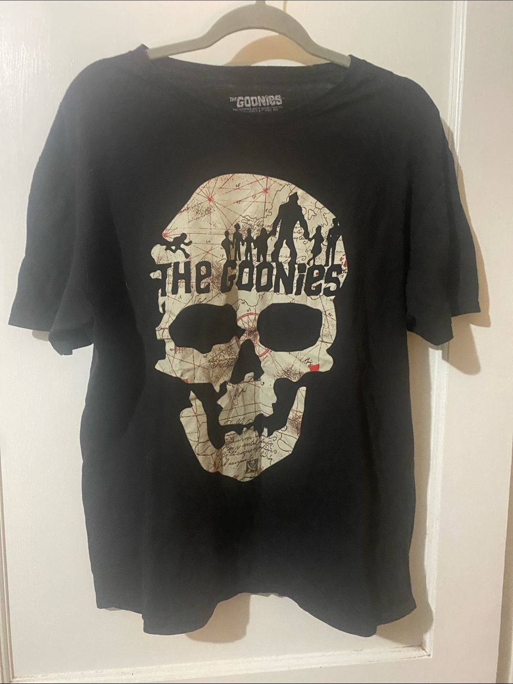 Hybrid Apparel Black The Goonies Skull Map Tee with Cream Skull and Red Accents